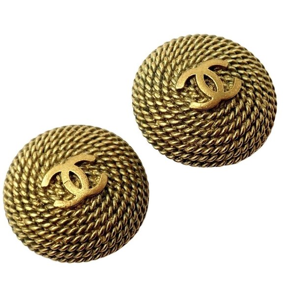 Rare! Vintage Chanel Paris France CC Logo Rope Button Earrings 1995 P Spring​ - Picture 1 of 7